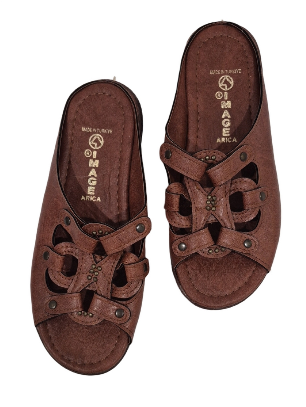 Image Arica Brown Leather Slip-On Sandals Made In Turkiye